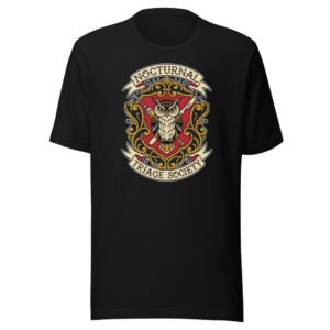 Nocturnal Triage Society Classic Tee in Black, owl crest with crossed syringe and scalpel